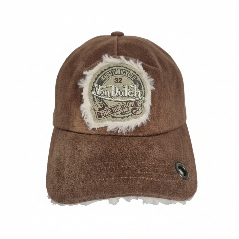 Von Dutch Vintage Y2K Velour Faux Fur Brown Cap